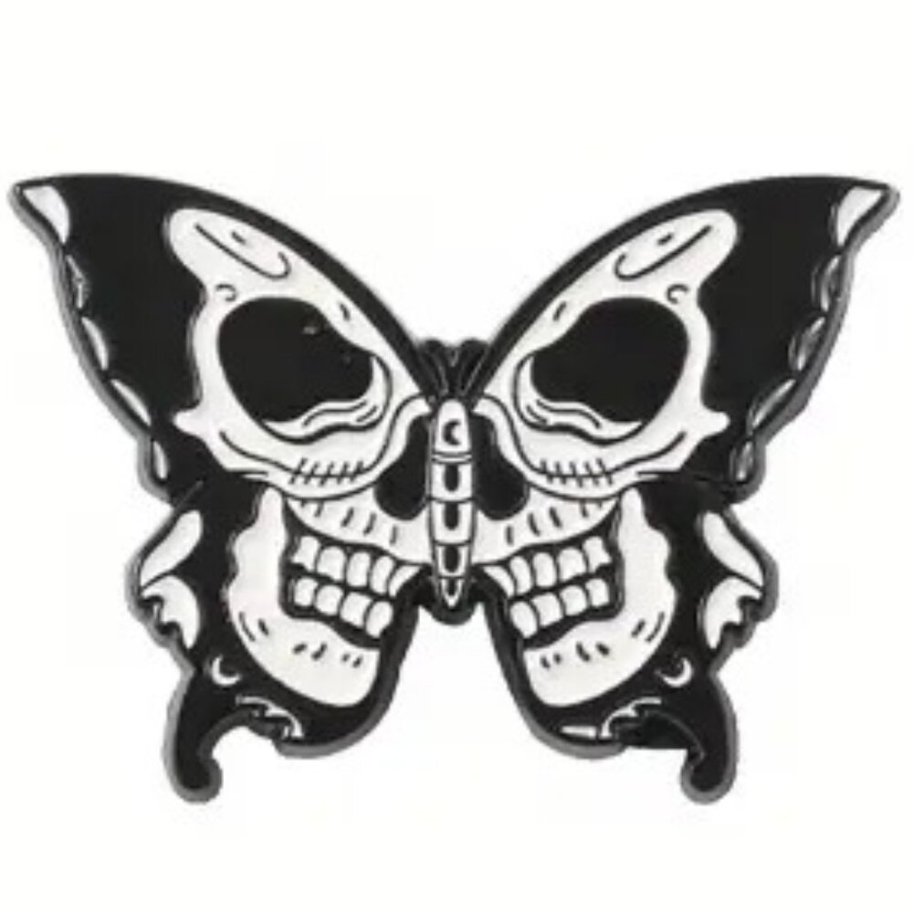 Skull Wing Butterfly Black White Enamel Pin Black Metal